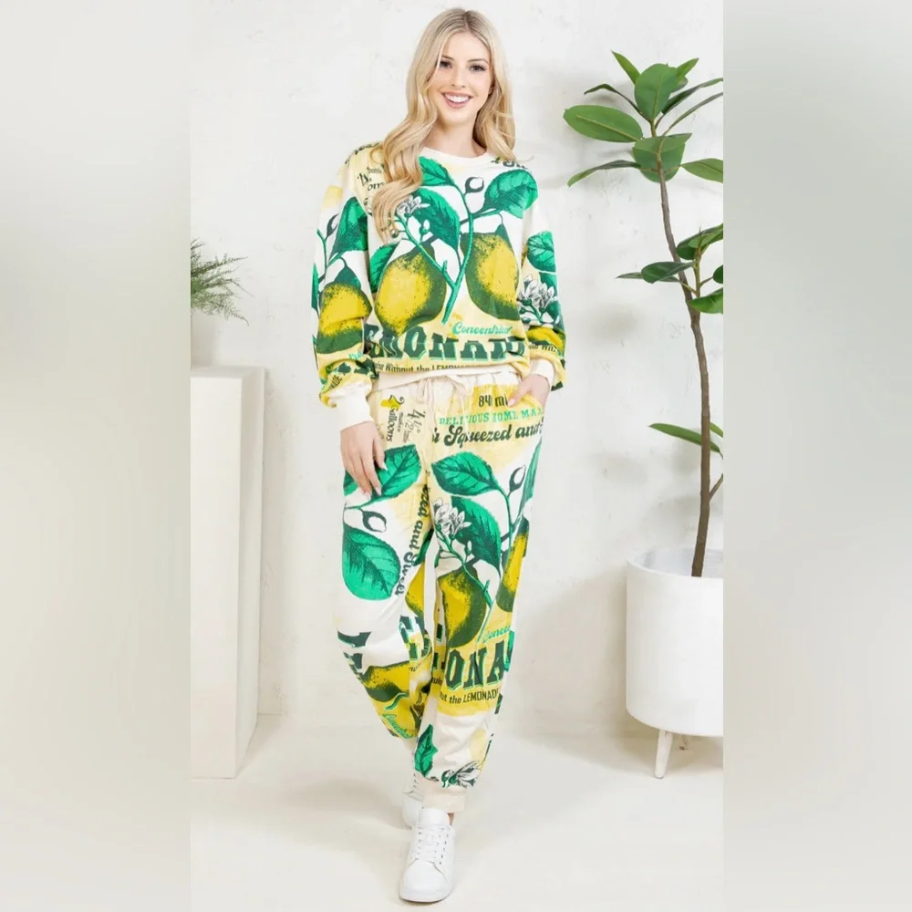 V3. ❤️NEW Retro Vintage Lemon Print Sweatshirt Jogger Set 100% Cotton Flour Sack - Picture 7 of 7